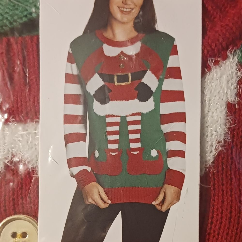 Women's Ugly Sweater Festive Holiday Red & Green Knit with Bright Gold Buttons M